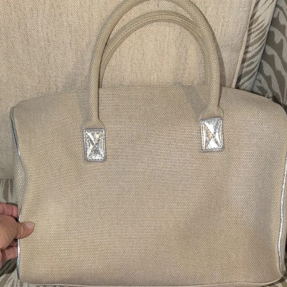 Michael Kors Tan Canvas Satchel with Silver Leather Trim And Details